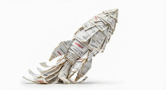 Conceptual Paper Rocket Covered in Debts and Startup Cost Receipts