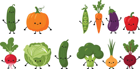Fototapeta premium Cute Cartoon Vegetables with Faces Vector Set Featuring Fresh Veggies for Fun and Playful Food Illustrations