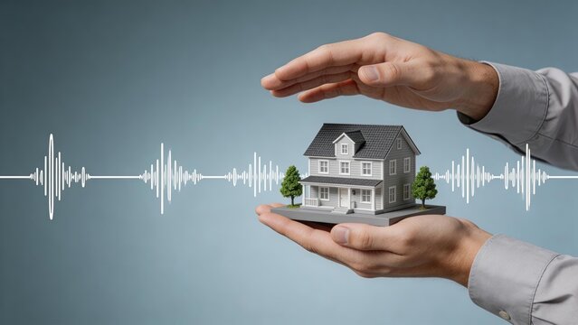 Hands protecting a model house with sound waves symbolizing noise control and acoustic insulation for residential buildings