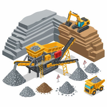 Heavy machinery in a quarry crushing rocks and minerals.