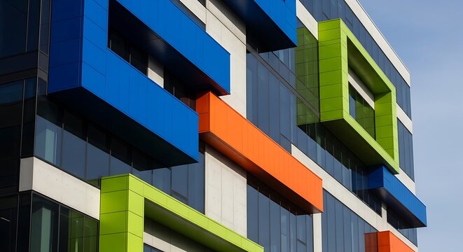 Modern office building facade with colorful geometric architectural elements abstract view of a contemporary glass building with blue, green, and orange protruding rectangular structures