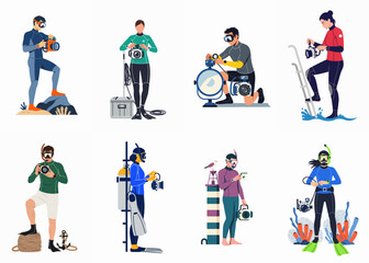 Flat Illustration Collection of Scuba Divers and Snorkelers Equipped with Professional Underwater Photography and Videography Gear on a White Background © Akira