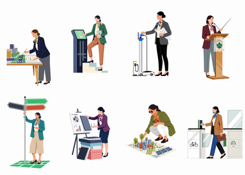 Professional Women Illustrating Sustainable Urban Planning, Green Energy Solutions, and Smart City Infrastructure Development
