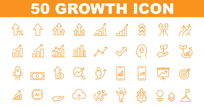 Growth icon set. Containing arrow up, growing graph, business chart icons. Vector illustration.