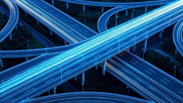 Multi-level highway interchange at night with blue and white traffic trails