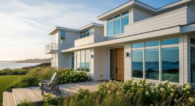 coastal modern house exterior with deck and ocean view high quality professional
