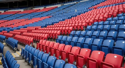Naklejka premium Empty stadium seats in alternating red and blue rows, creating a vibrant pattern in a large sports arena.