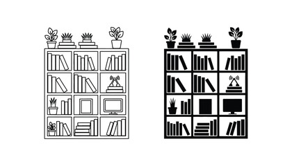 Minimalist bookshelf vector illustration with plants and decor items in outline and solid black style for modern interior design concepts © Kinetic