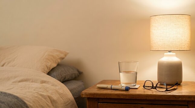 Medication pen and glass of water on bedside table with lamp and glasses