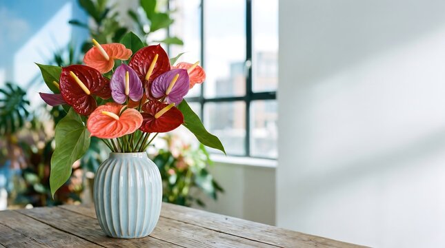 A bouquet of colorful anthurium flowers in a white vase on a wooden table with a blurred background of plants and a window
