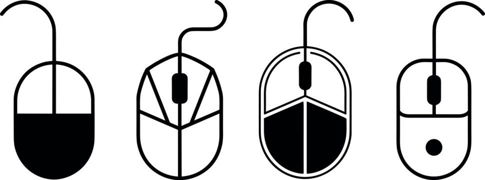 Four stylized computer mouse icons with different scroll wheel designs in black and white