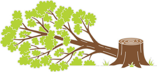 Conceptual vector illustration of a fallen green tree next to a stump representing deforestation and environmental impact..eps © MdAzahar