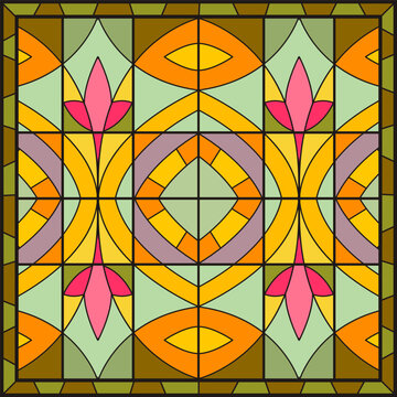 Geometric stained glass pattern. Symmetrical colorful ornament flat vector illustration. Decorative abstract background