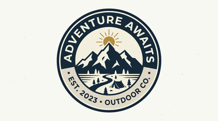 Scenic outdoor logo featuring mountains, sun, and campsite with a winding path, ideal for adventure themes © Rujak