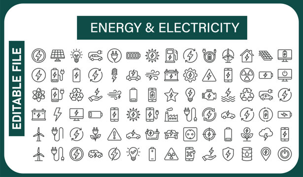 Energy and Electricity thin line icons set. Electricity editable stroke icons. Energy symbols collection. Vector