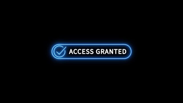 Neon access granted button on black background, representing a digital interface for granting permission or access. access granted concept. Digital system security alert on computer concept.4k video