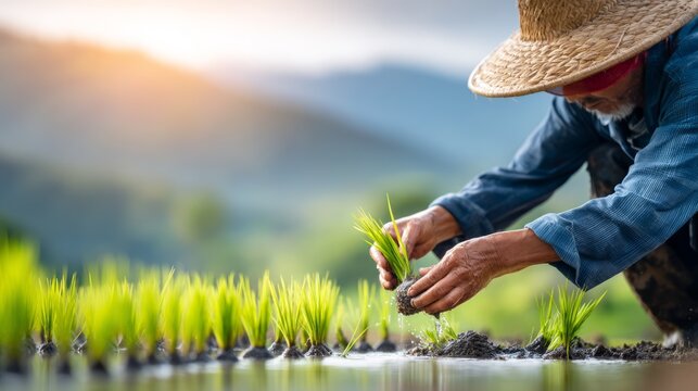 Farmer planting young rice seedling in flooded paddy field at sunrise