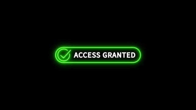 Neon access granted button on black background, representing a digital interface for granting permission or access. access granted concept. Digital system security alert on computer concept.4k video