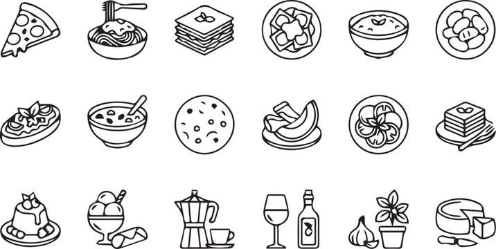 Italian Food Line Icons Set, Minimalist Black and White Vector Symbols for Restaurant Menu and UI UX Design