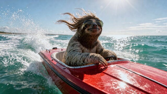 Funny sloth driving fast speedboat, animal irony concept, sloth in high speed action, summer vacation humor