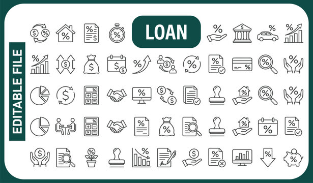 Loan thin line icons set. Credit rating, mortgage, interest rate editable stroke icon. Vector illustration