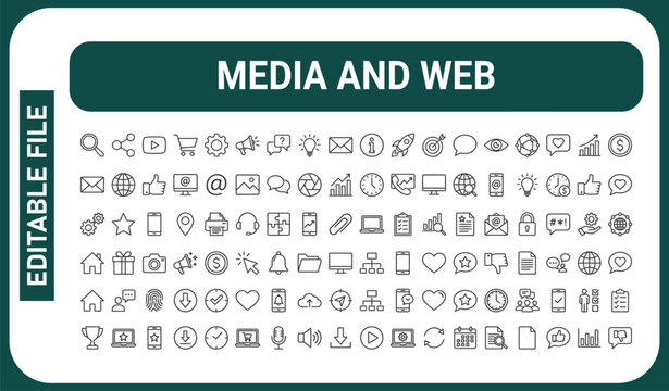 Media thin line icons set. Web editable stroke icons. Network symbol. Vector