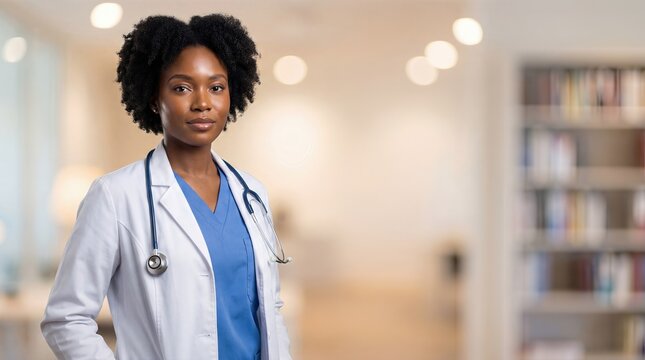 Confident African American Female Doctor in Lab Coat with Copy Space