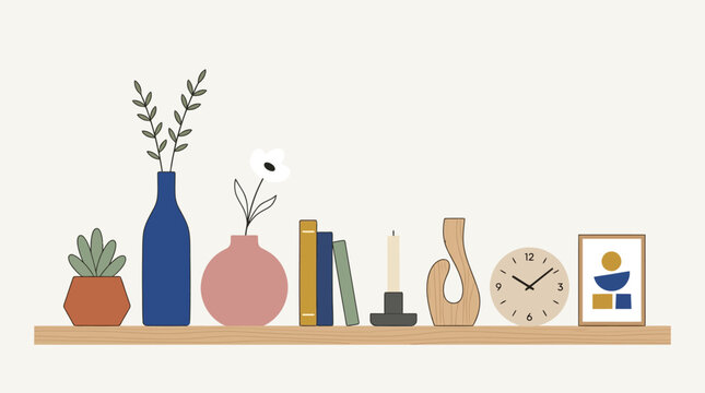 Colorful decorative objects on shelf.
