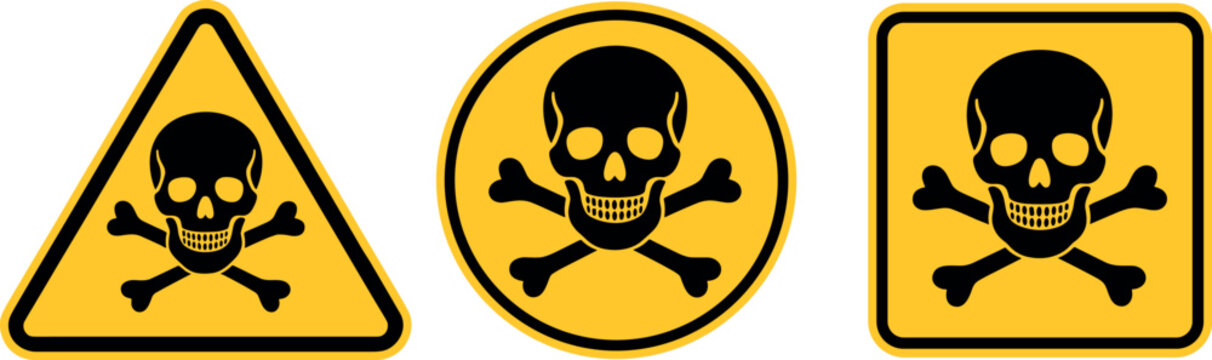 Set of three warning icons with skull and crossbones symbol
