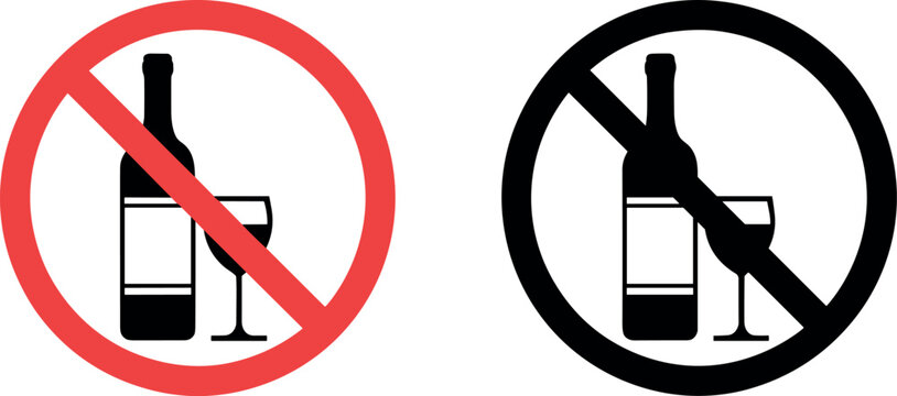 Prohibition icon showing no alcohol or wine bottle with red and black circle slash