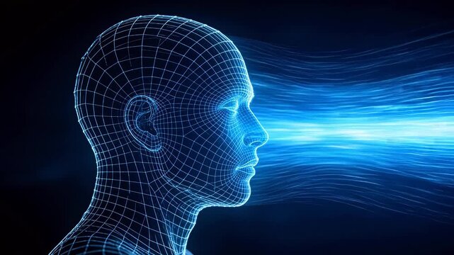 Digital human face with neon profile and blue wireframe