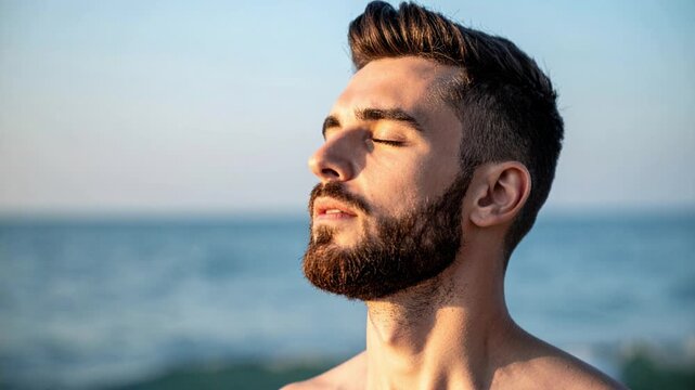 Young man with a beard with closed eyes on the background of the sea. Wellness concept
