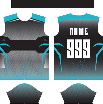 Modern sports jersey template with futuristic cyan and black gradient, athletic apparel vector design, sublimation uniform pattern for team sports