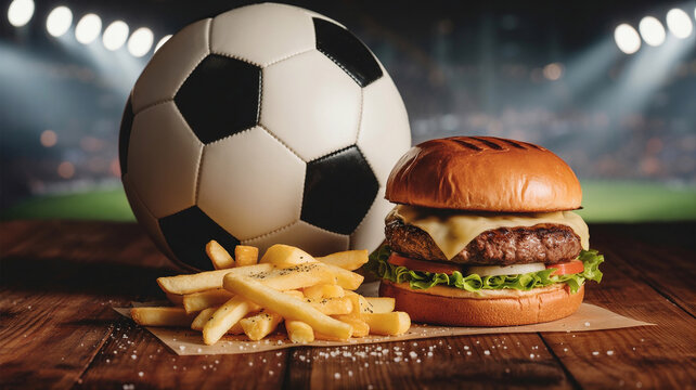 AI-generated soccer ball with burger and fries on wooden table for football party, game night, and sports viewing concept