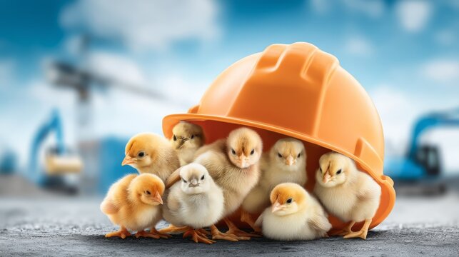 Small yellow baby chick group sheltered under orange safety helmet outdoors