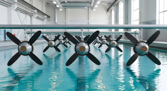Industrial water aerator fans operating in a large wastewater treatment plant pool for oxygenation and cleaning