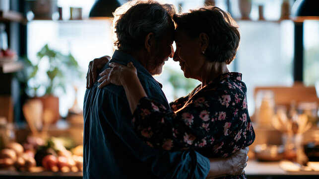 Cinematic wide view of two silhouetted senior figures dancing together in a bright softly defocused kitchen with cooking ingredients on the counter behind kitchen dance senior