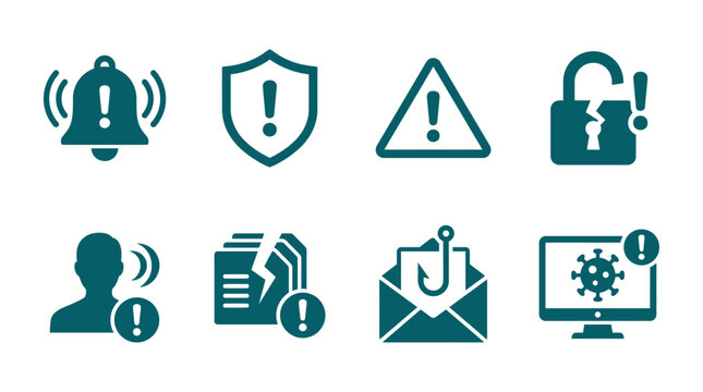 Collection of warning and alert icons representing security threats and notifications in digital communication