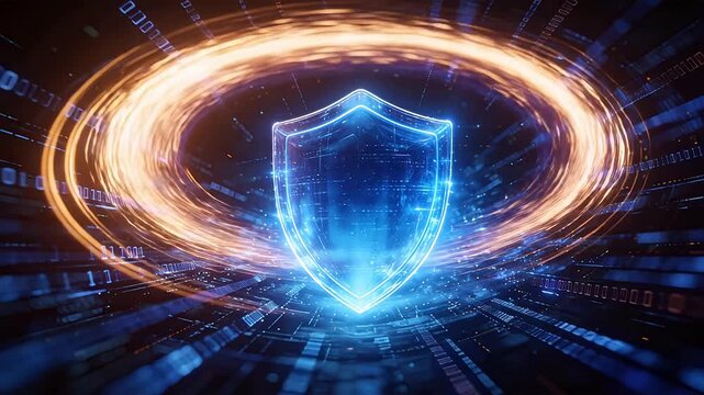 Blue glowing shield symbol surrounded by binary code and golden rings on dark background