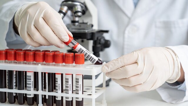 A lab technician in gloves carefully positions a blood sample tube in a clean laboratory. Emphasizes precision and medical diagnostics in a sterile environment.