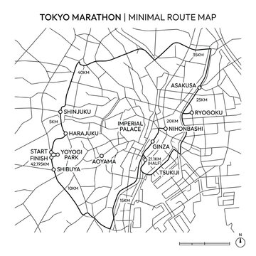 Minimal route map of tokyo marathon featuring imperial palace shinjuku and ginza locations.