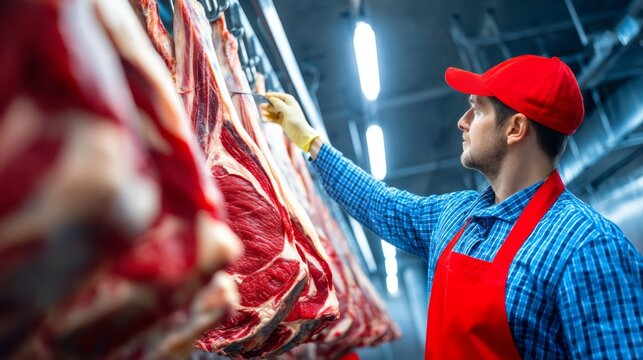 Worker inspecting fresh red meat carcass in cold storage industrial room