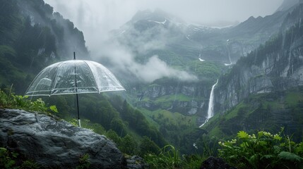 Obraz premium A Transparent Umbrella Against The Misty Swiss Alps