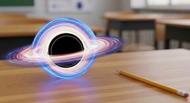 Black hole model on a desk in a classroom