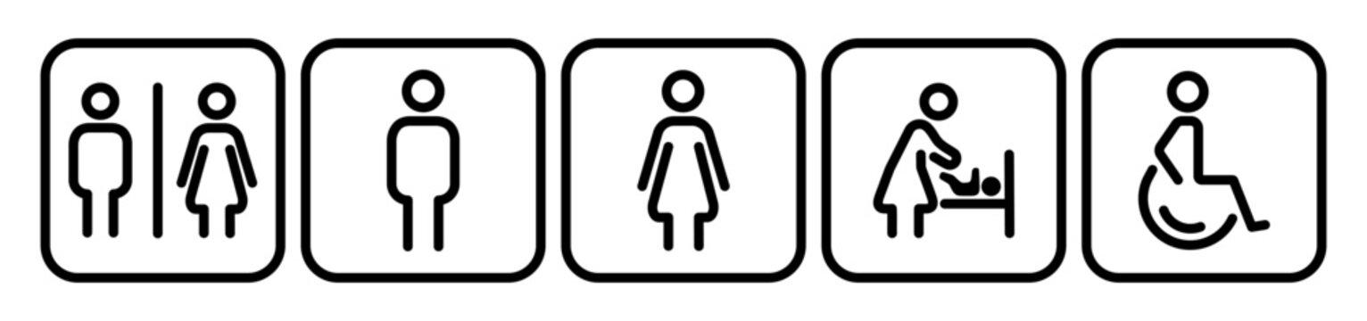 Set of square toilet outline icon showing symbols for male, female, mother with baby and disabled person in wheelchair. Outline vector illustration for restroom signage and UI design.