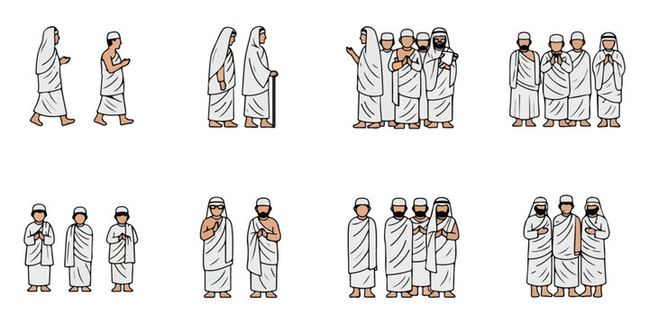 Various groups of pilgrims in Ihram for Hajj and Umrah activities.