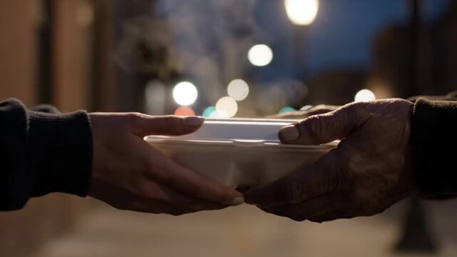 Compassionate Person Handing Warm Takeout Food Container to Homeless Individual on City Street at Night