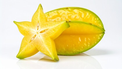 Fototapeta premium A sliced starfruit with a star-shaped piece beside it on a white surface.