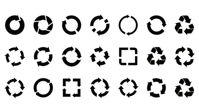 Set of black recycling arrows icons on white background, vector illustration