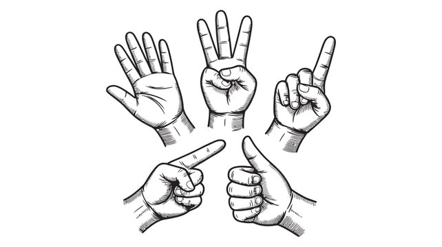 Set of sketch hand gestures showing various counts and signals with counting illustration communication